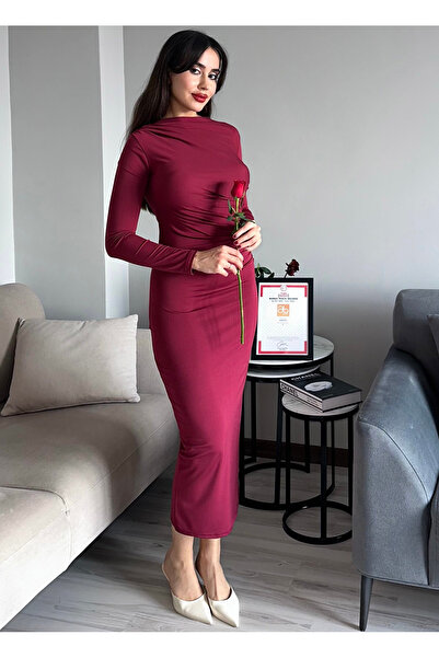 WEAR AND WEAR Kadın Drapeli Vücuda Oturan Esnek Uzun Kollu Maxi Uzun Kylie Elbise Günlük Basic Uzun Elbise