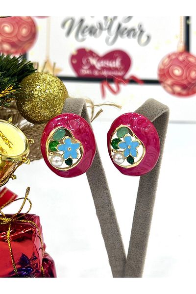 Jewerly Vip Design Red Flower Motif Earrings (3X2.5Cm)