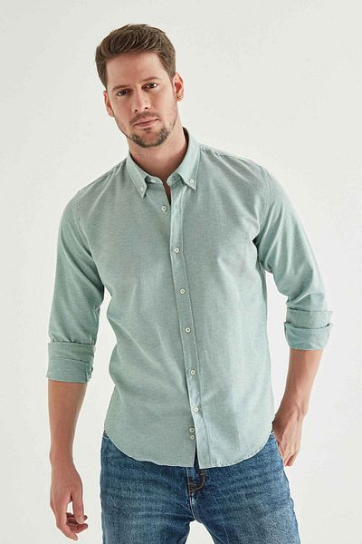 D'S Damat Slim Fit zöld Dobby gombos galléros pamut ing