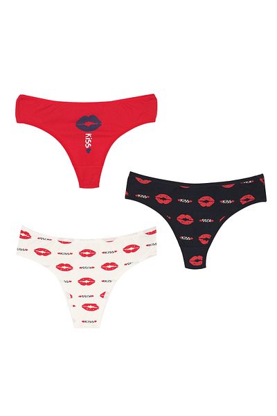İNSPİRA Bumbac Elastic Blend Chiloți pentru femei Tanga Pachet 3 Roșu Alb Bleumarin Kiss Kiss String