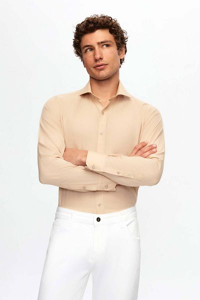 D'S Damat Slim Fit Beige Classic Tie Tie Μακρύ μανίκι Εύκολο σιδέρωμα πουκάμισο
