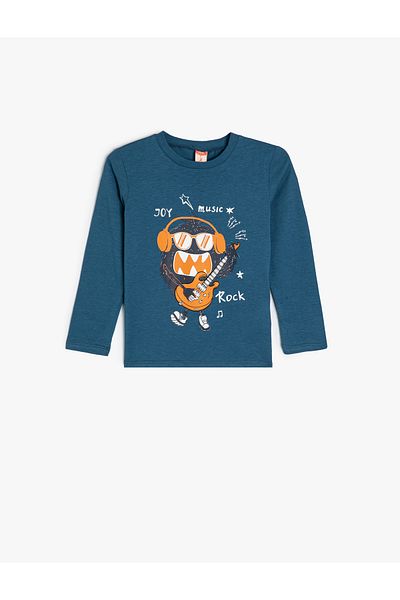 Koton Monster Printed Cotton Long Sleeve T-Shirt - Crew Neck