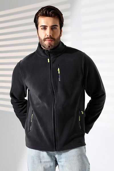 TİJA Men's Zippered Pocket, Anthrast Melange Fleece Cardigan, Jacket, Anti Pilling, Anti Pilling Fleece