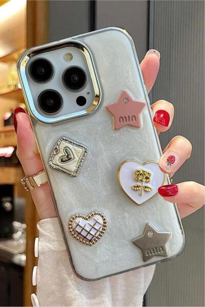 3GEN CASE غطاء صلب متوافق مع هاتف iPhone 15 Pro Max مع شريط حجري ثلاثي الأبعاد على شكل فراشة وقلب مطرز