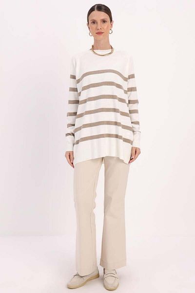 ALLDAY Ecru-Beige-Basic Striped Cycling Collar Sweater