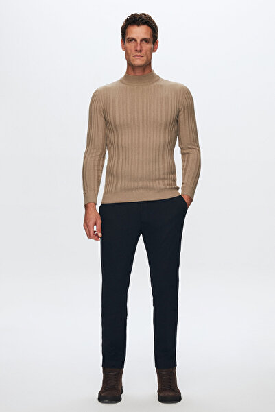 D'S Damat Beige Slim Fit Corded Cotton Blend Half Fisherman Body Wrap Knitwear Sweater