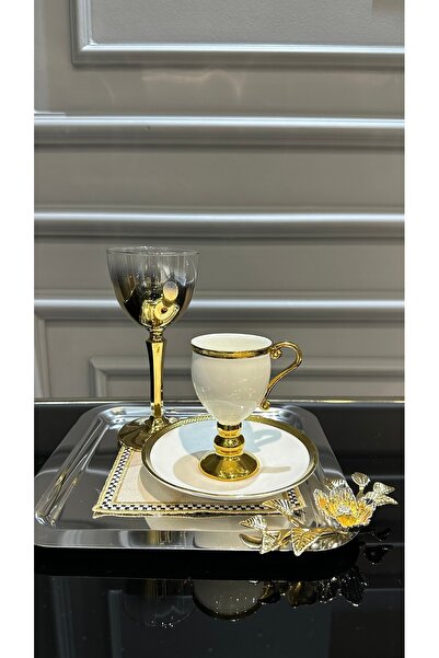 Turkuaz kristal 6 lı Kare Gold Gümüş Tek Kişilik  Çay Kahve Sunum Tepsisi