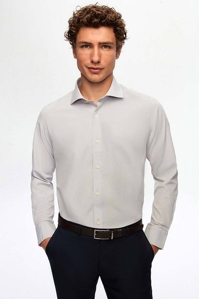 D'S Damat Slim Fit šedá klasická košile s dlouhým rukávem se zavazováním na žehlení