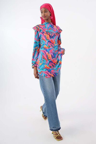 ALLDAY Turquoise-Pink-Robe Ruffle Print Printed Tunic