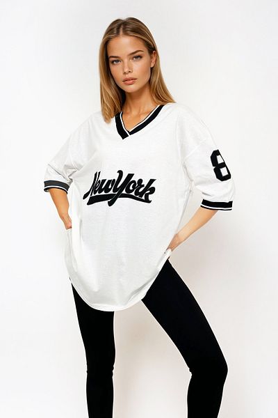 VAGGON Women's White Collar and Ribbed Sleeves Front Printed Oversize T-Shirt Vgn-786-001