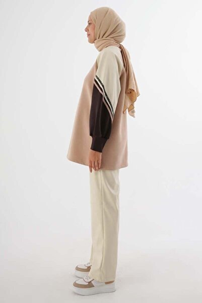 ALLDAY Μπεζ δερμάτινο γαρνιρισμένο ριγέ φούτερ