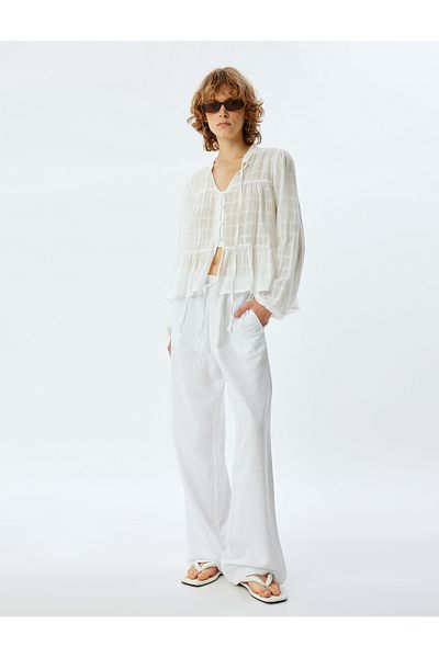 Koton Linen Blended Straight Leg Trousers with Lace-Up Waist - Pocket Detail