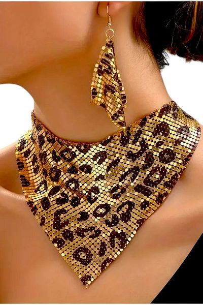 PETEK AKSESUAR Shal Model Leopard Armor Metal Design Necklace Earring Set