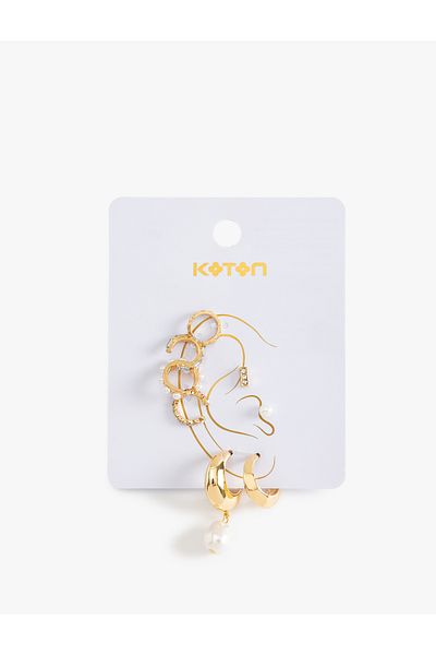 Koton Pearl and Stone Detailed Hoop and Cartilage Earring Set