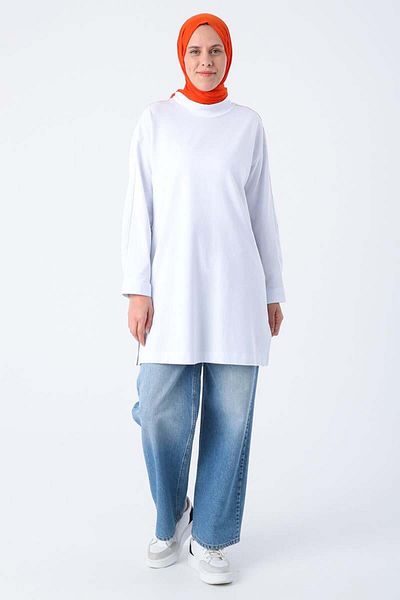 ALLDAY White-Cotton Stand-Up Collar Glitter Stitching Slit Tunic