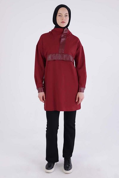 ALLDAY Burgundy-Leather Garnished Hooded Sweat Tunic