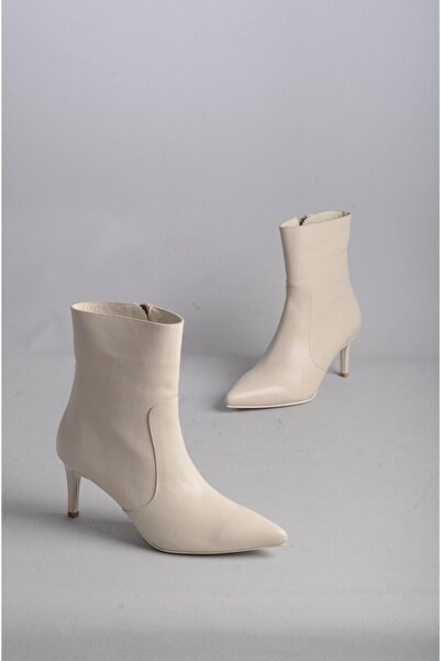 SEÇ KUNDURA بوت نسائي بكعب من الجلد الطبيعي - Seç 9912، 7 سم بيج