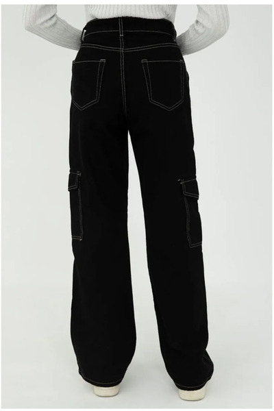 Jannock Kız Çocuk Yüksek Bel Ters Beyaz Dikiş Kargo Cep Kot Pantolon