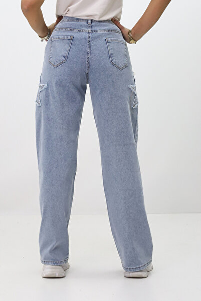 GZT TEKSTİL Kadın Yüksek Bel Bol Kesim Yıldız Detaylı Jean Pantolon