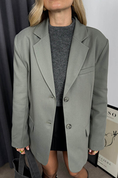 Sue Store Χακί Φιλέτο Τσέπη με επένδυση Oversize Blazer Jacket