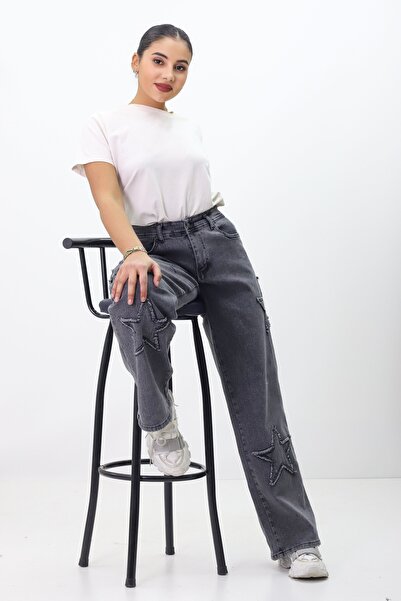 GZT TEKSTİL Γυναικείο ψηλόμεσο φαρδύ τζιν παντελόνι με λεπτομέρεια αστεριού