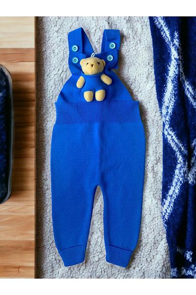 ZARİNA Buttoned Baby Kids Knitwear Salopet with Teddy Bear
