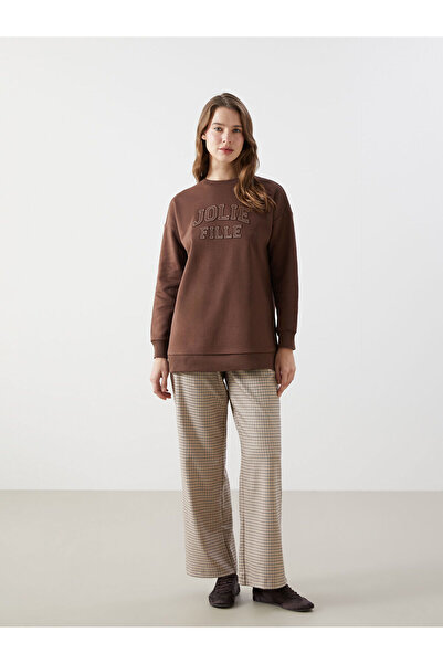 LC Waikiki Γυναικείο χοντρό φούτερ τουνίκ LCW Modest Brown Crew Neck Κέντημα