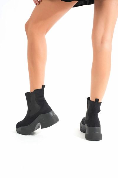 Bella Vista Kömen Fz-2400 Cizme de damă casual elastice cu talpă înaltă din piele intoarsa neagra