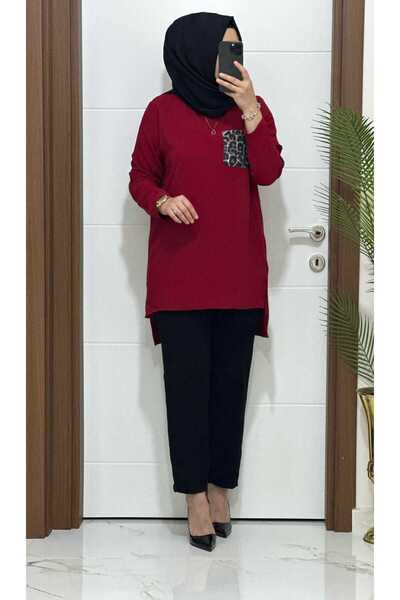 modasura 6699 K80 BORDO LEOPAR CEP DETAYLI tunik pantolon KREP Kumaş  ikili t...