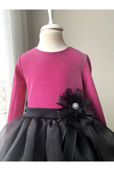 BerrinceTasarım Simli İnci Toka Süslü Uzun Kollu Çocuk Abiye Elbise