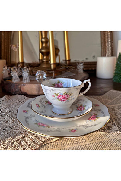 Handmadesign Royal Kent İngiliz Antika  Porselen Pembe Çiçekli Trio Çay / Dou...