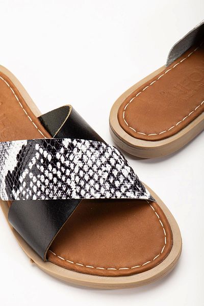 No8 Home Kömen 169-076 Black Orthopedic Genuine Leather Cross Strap Women's Slippers