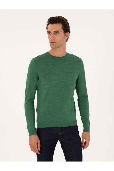 Cacharel Açık Yeşil Slim Fit Yün Karışımlı Bisiklet Yaka Basic Triko Kazak 50293301-VR092