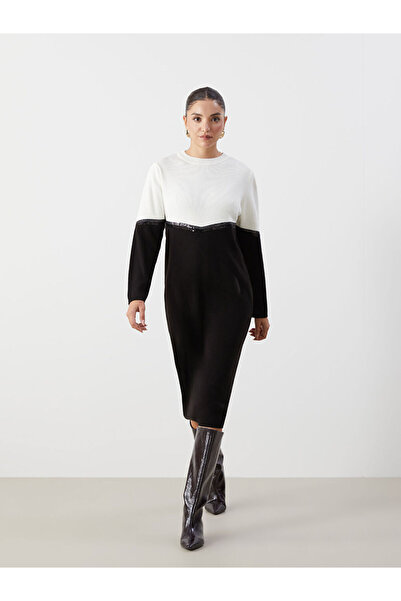 LC Waikiki LCWAIKIKI Classic Siyah Bisiklet Yaka Renk Bloklu Kadın Triko Elbise