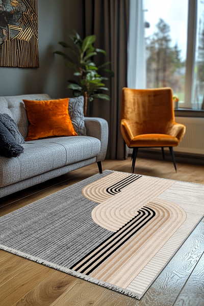 Artızon Dekoratif Modern Vintage Retro Tasarım Kaydırmaz Taban Bej Renkli Sal...