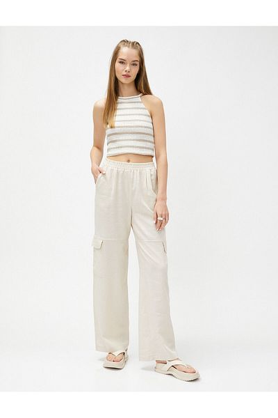 Koton Cargo Pants Linen Blend Elastic Normal Waist Pocket Detailed