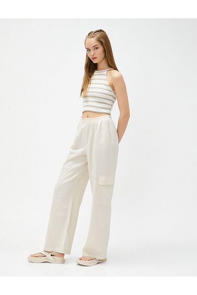 Koton Cargo Pants Linen Blend Elastic Normal Waist Pocket Detailed