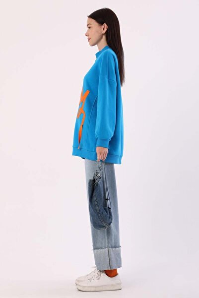 ALLDAY Mavi-Oversize Şardonlu Şerit Detaylı Sweatshirt