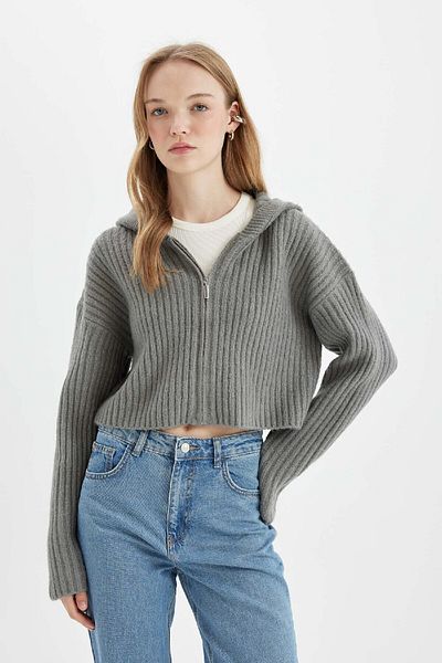 DeFacto Regular Fit Hooded Zippered Knitwear Cardigan C7335Ax24Wn