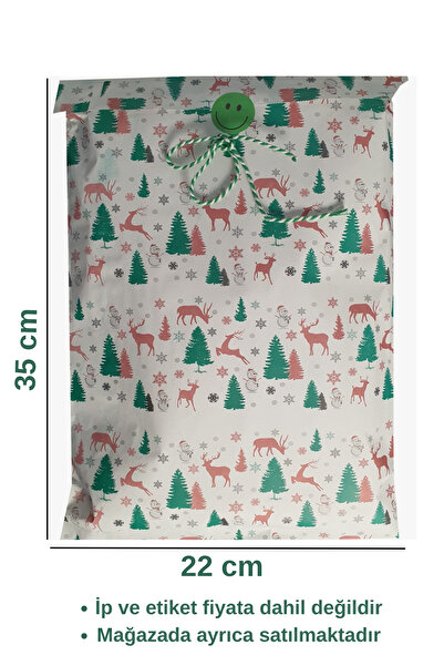 Dekals 40 Adet 22x36 Hazır Pratik Hediye Poşeti Yılbaşı Kardan Adam Çam Geyik Desenli Hediye Paketi