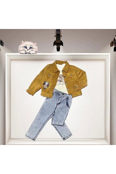 Skygo 3-4-5 Years Old Corduroy Jacket with Jeans 3-Piece Girl Boy Child Set Mustard