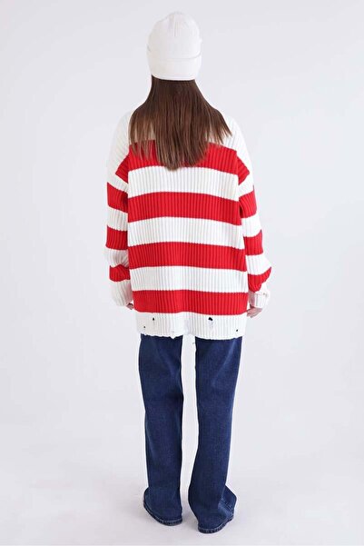 ALLDAY Red-Ecru-Ripped Detailed Knitwear Sweater