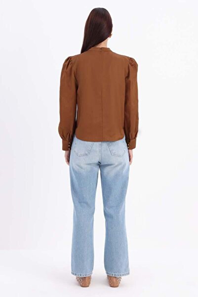 ALLDAY Coffee-Cotton Collar Drawstring Blouse