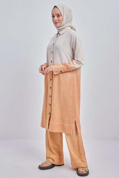 ALLDAY Camel-Degrade Keten Pantolonlu Takım