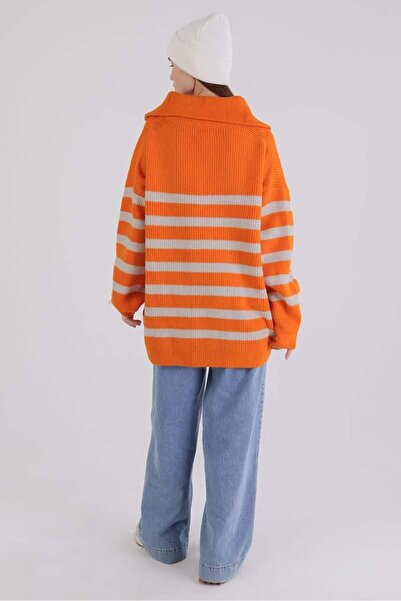ALLDAY Orange-Stone-Fisherman's Collar Zippered Knitwear Sweater
