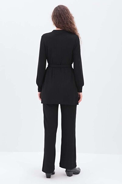 ALLDAY Siyah-Yarım Patlı Kuşaklı Pantolonlu Takım