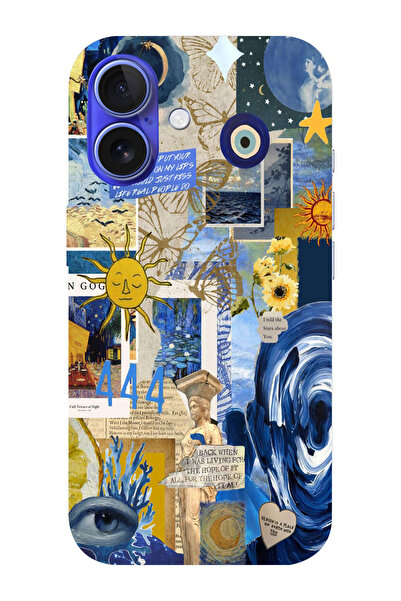 moonset Iphone 16 Uyumlu Mavi Kolaj Tasarımlı Baskılı Şeffaf Telefon Kılıfı