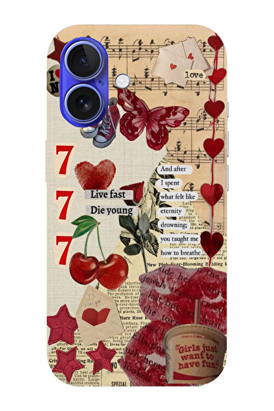 moonset Iphone 16 Uyumlu Love Kolaj Tasarımlı Baskılı Şeffaf Telefon Kılıfı