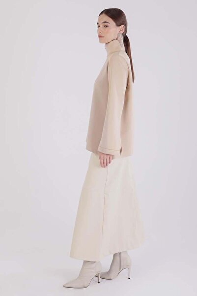 ALLDAY Bej-Dik Yaka Kolu Yırtmaçlı Scuba Bluz