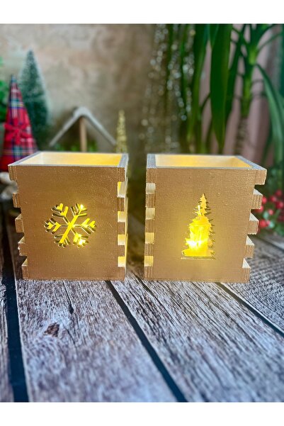 Dekorart 2li Çam Ağaçlı ve Kar Taneli Tealight Mumluk ,Fener ,El Boyaması Mumluk